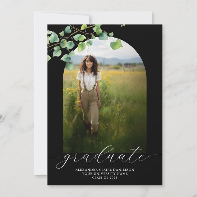 Invitación de graduación Boho Arch Ivy, negro (Anverso)