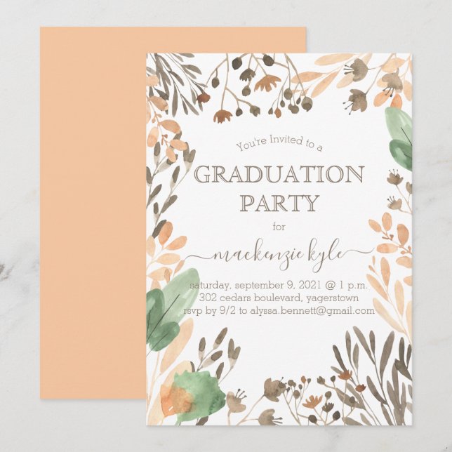 Invitación de graduación boho con vegetación en ac (Anverso / Reverso)