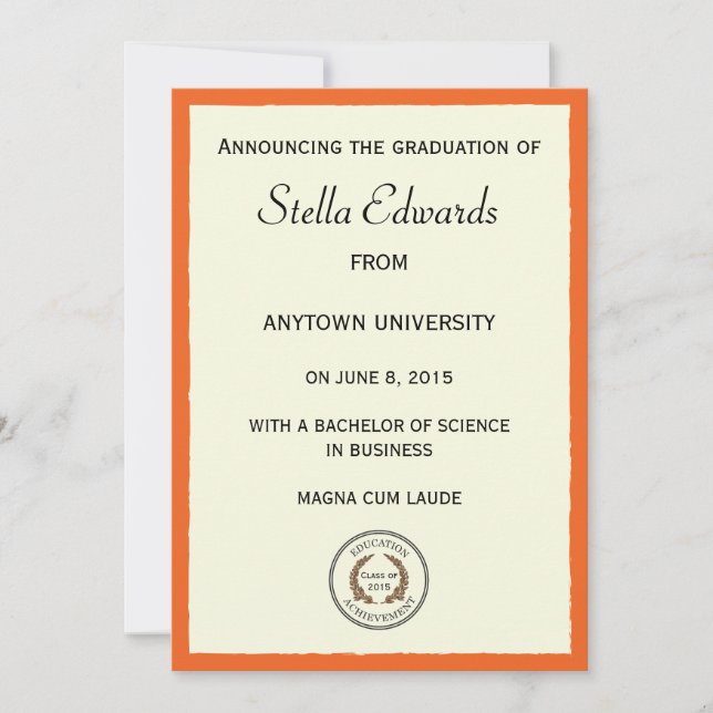 Invitación de graduación clásica naranja (Anverso)