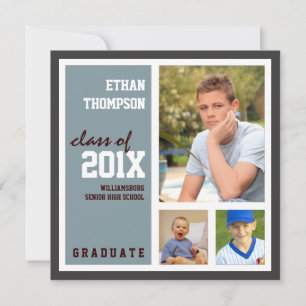 Invitación de graduación con 3 fotos de acero azul