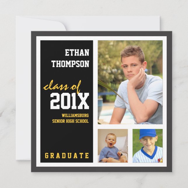 Invitación de graduación con 3 fotos de oro negro (Anverso)