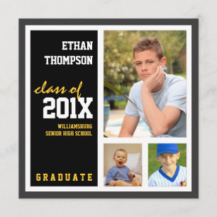 Invitación de graduación con 3 fotos de oro negro