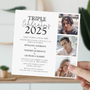 Invitación de graduación con 3 fotos Triple Celebr
