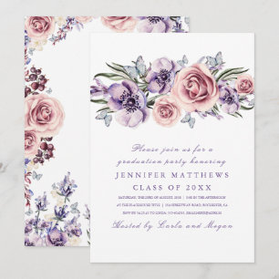 Invitación de graduación con acuarela floral púrpu