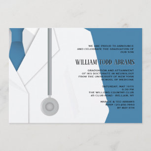 Invitación de graduación con bata de laboratorio y