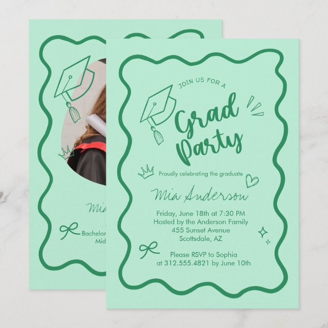 Invitación de graduación con borde ondulado rosa l (Anverso / Reverso)