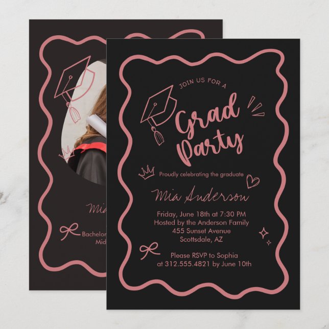 Invitación de graduación con borde ondulado rosa l (Anverso / Reverso)