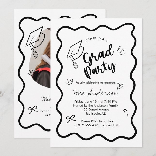 Invitación de graduación con borde ondulado rosa l (Anverso / Reverso)