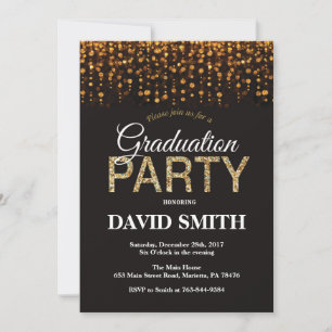 Invitación de graduación con brillo negro y dorado