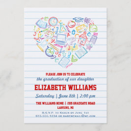Invitación de graduación con corazón escolar color