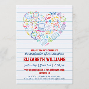 Invitación de graduación con corazón escolar color
