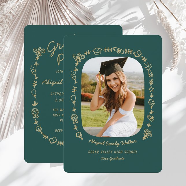 Invitación de Graduación con Dibujos a Mano de Esm (emerald green hand drawn doodle graduate card with photo)