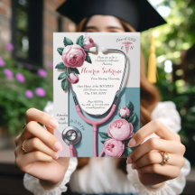 Invitación de graduación con estetoscopio floral m
