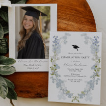 Invitación de Graduación con Floral Azul y Foto