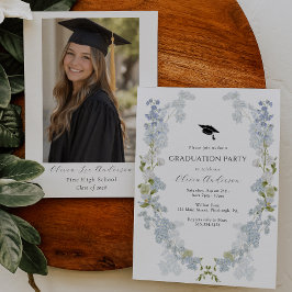 Invitación de Graduación con Floral Azul y Foto