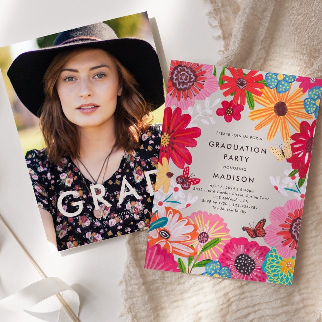 Invitación de graduación con flores coloridas (Bright Floral Graduation Party Invitation – Colorful Wildflower Graduation Invite)