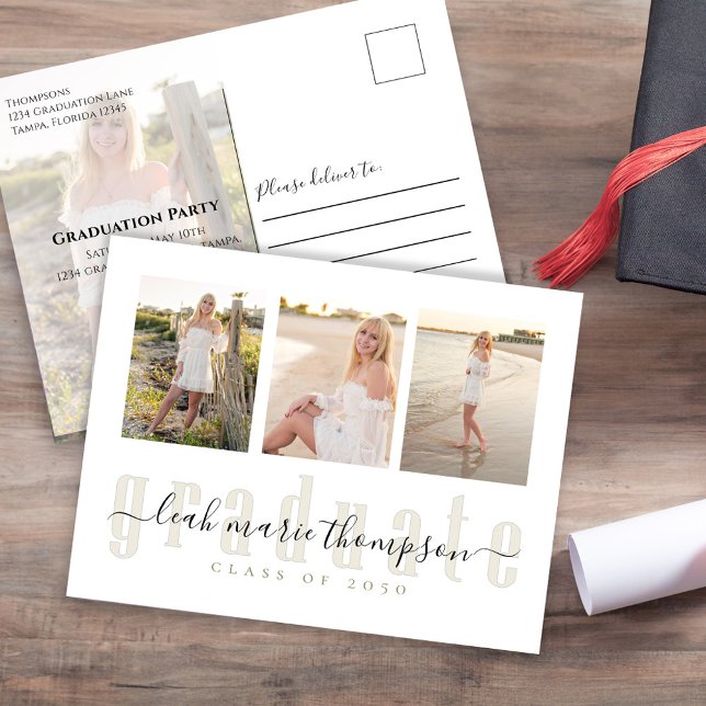 Invitación de Graduación con Foto Collage Dorado (Graduation classic gold invitation postcard with photo collage template. )