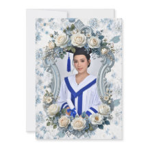 Invitación de Graduación con Foto Floral Azul y Bl