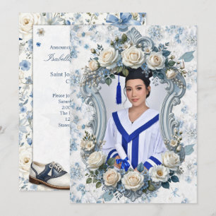 Invitación de Graduación con Foto Floral Azul y Bl