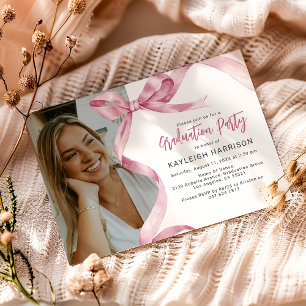 Invitación de graduación con foto y lazo rosa de m