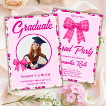 Invitación de graduación con lazo de gingham rosa 