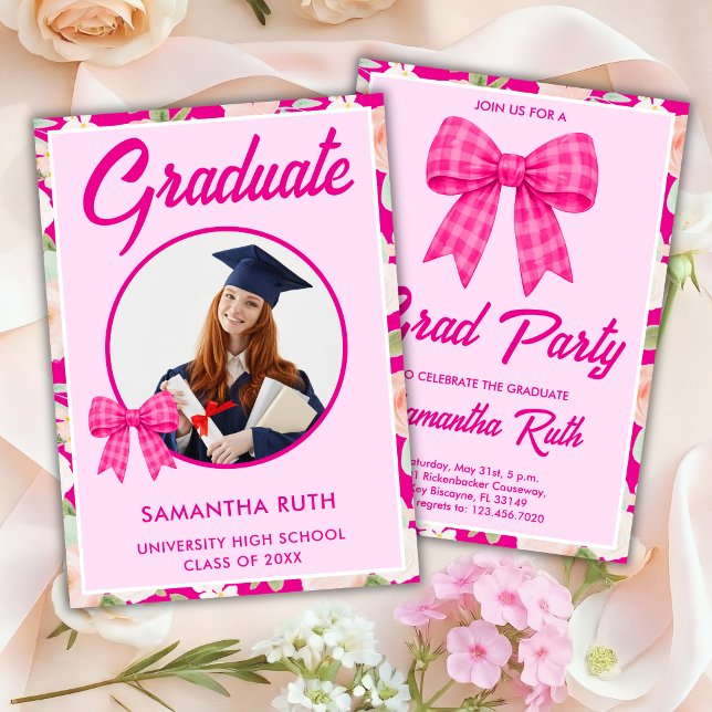 Invitación de graduación con lazo de gingham rosa  (Subido por el creador)