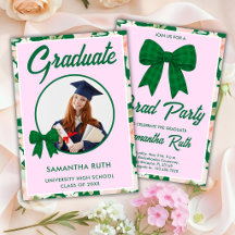 Invitación de graduación con lazo de gingham verde