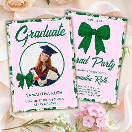 Invitación de graduación con lazo de gingham verde