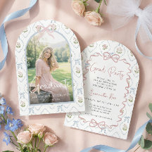 Invitación de graduación con lazo rosa de flor sil
