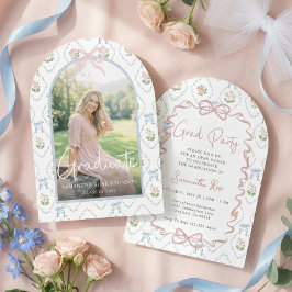 Invitación de graduación con lazo rosa de flor sil