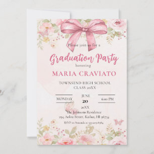 Invitación de graduación con lazo rosa y floral