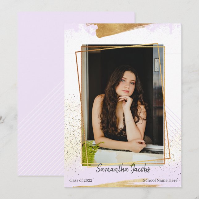 Invitación de Graduación con Marco Cute Purple & G (Anverso / Reverso)
