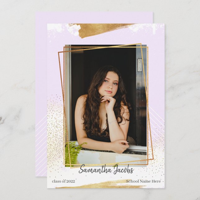 Invitación de Graduación con Marco Cute Purple & G (Anverso / Reverso)