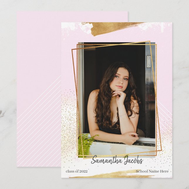 Invitación de graduación con marco de color rosa y (Anverso / Reverso)