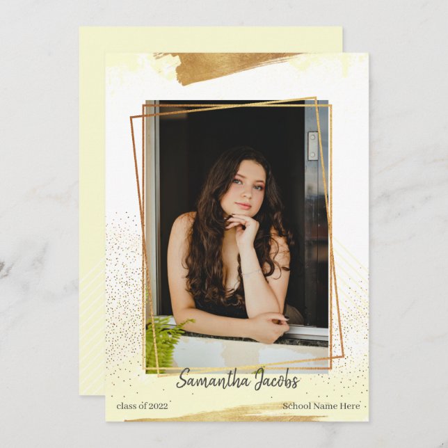 Invitación de graduación con marco de oro y amaril (Anverso / Reverso)