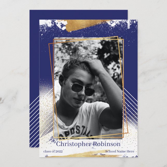 Invitación de graduación con marco de oro y marina (Anverso / Reverso)