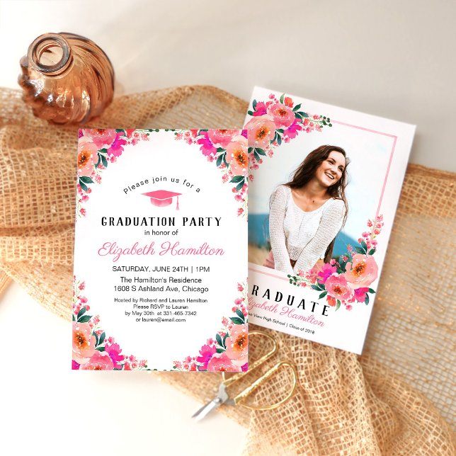 Invitación de graduación con marco floral rosa par (Subido por el creador)
