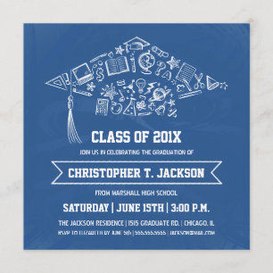 Invitación de graduación con pizarra azul y foto