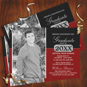 Invitación de graduación con placa de plata roja/n