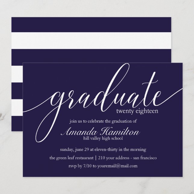 Invitación de graduación con tipografía Deep Blue (Anverso / Reverso)