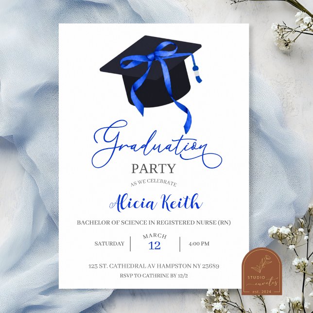 Invitación de graduación Coquette azul real, (Subido por el creador)