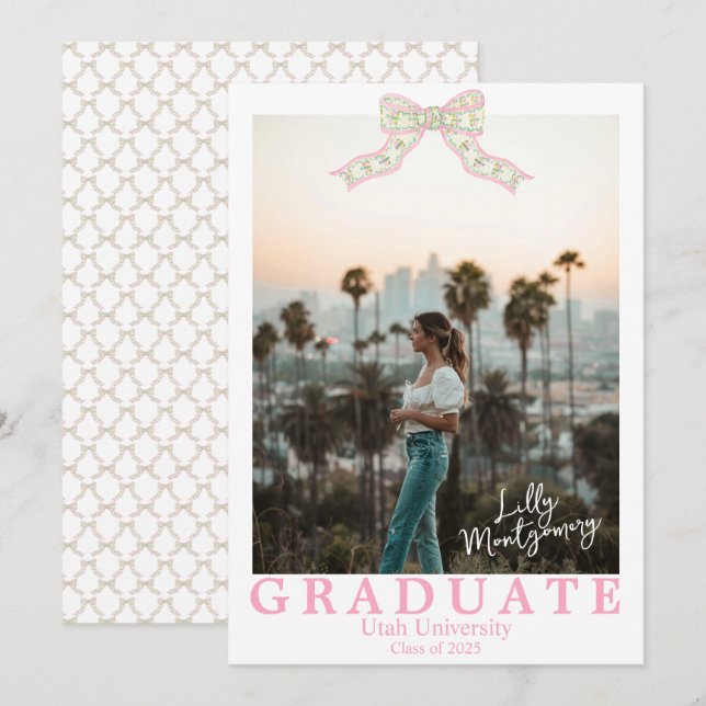 Invitación de Graduación Coquette Chinoiserie Bow (Anverso / Reverso)