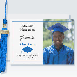 Invitación de graduación, cubierta azul y foto