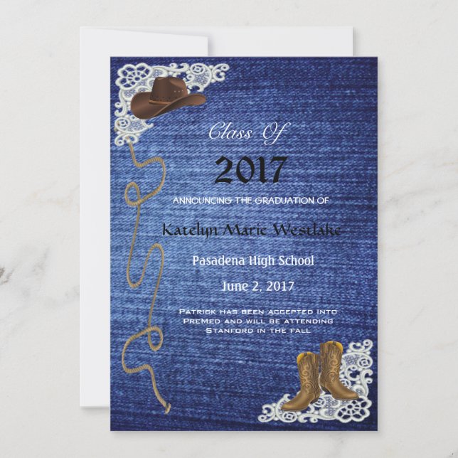 invitación de graduación de 20XX denim, boots y en (Anverso)