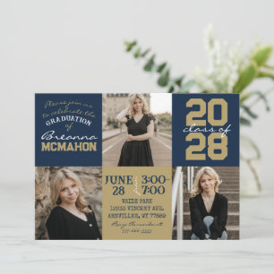 Invitación de graduación de 3 fotos en azul marino