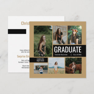 Invitación de graduación de 6 fotos dorado y negro