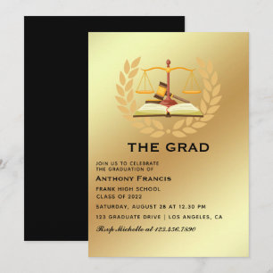 Invitación de graduación de abogado en negro y dor