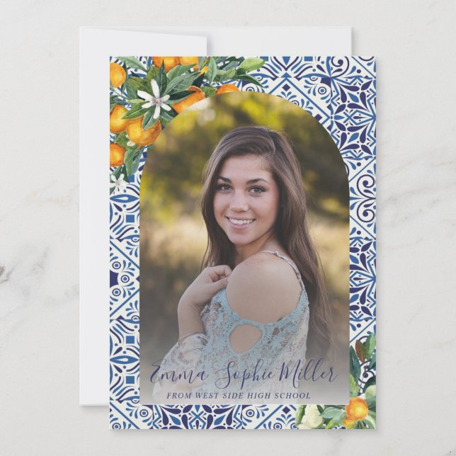Invitación de graduación de azulejos azules (Reverso)