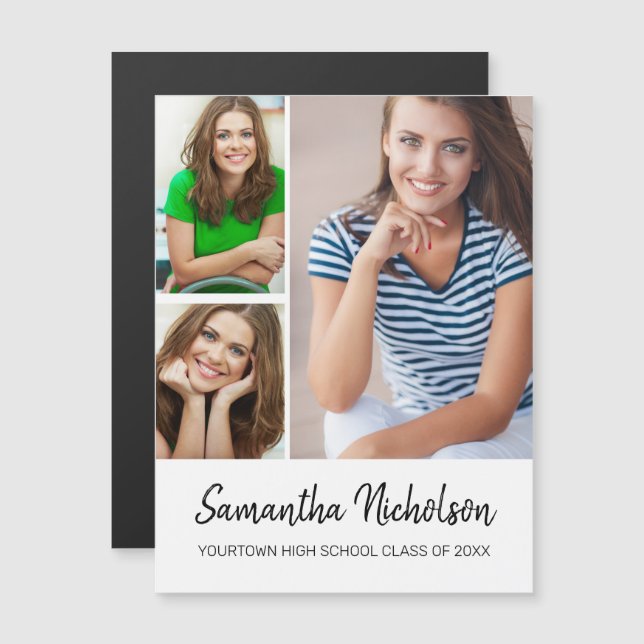 Invitación de graduación de blanco moderno 3 foto (Anverso/Reverso)