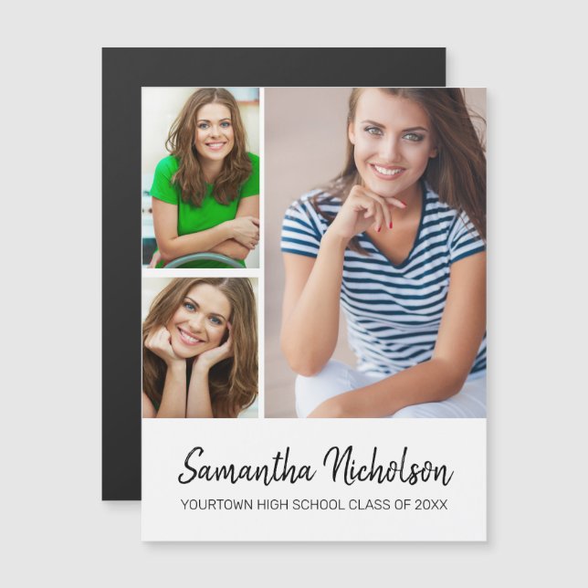 Invitación de graduación de blanco moderno 3 foto (Anverso/Reverso)